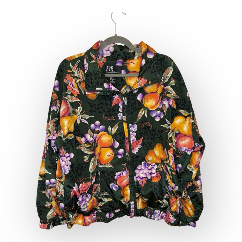 Vintage EVR Tropical Fruit Print Bomber Jacket Zip Up Retro Citrus Orange Large